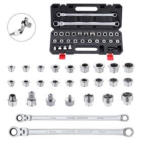 Akm Tool 629103376432 27 Pc Flex Head Ratcheting Wrench Set Metric 72-tooth 8-22mm Extra Lon