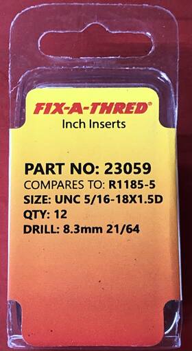 18x1.5d Fix-a-thred 23059 Standard Thread Inserts Size Unc 5/16 Inch -18x1.5d Like R1185-5