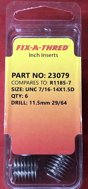 14x1.5d Fix-a-thred 23079 Standard Thread Inserts Size Unc 7/16 Inch -14x1.5d Like R1185-7