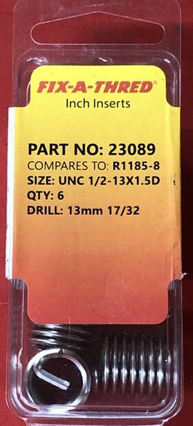 13x1.5d Fix-a-thred 23089 Standard Thread Inserts Size Unc 1/2 Inch -13x1.5d Like R1185-8