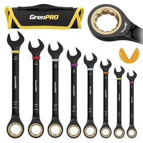 071445 Grenpro Ratcheting Wrench Set Metric And Standard 9pc 8-19 Mm 72th Long Big Box Open