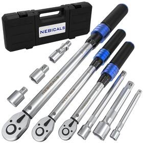 Nebicals 602750184872 9pcs Torque Wrench Set 1/4 20-220 Inlb 3/8 5-45 &1/2 10-170 Ftlb 6 Extension