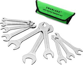 66087 Swanlake Garden Tools 10pcs Super-thin Open End Wrench Set Cr-v Steel Metric Silver