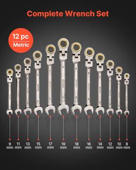 Vevor 197988359524 12-pcs Flex-head Ratcheting Wrench Set Metric 8-19mm 72-tooth Cr-v Steel