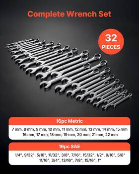 Vevor 197988359647 32-piece Sae And Metric Combination Wrench Set 12-point With Roll-up Pouch