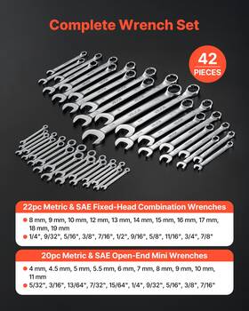 Vevor 197988360643 42-pc Sae And Metric Combination Wrench Set 12-point With Roll-up Pouch