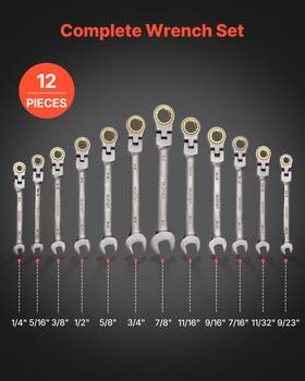 Vevor 197988360766 12-pc Sae Flex-head Ratcheting Wrench Set 72t Cr-v Steel With Pouch