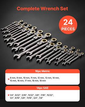 Vevor 197988362944 24-piece Flex-head Ratcheting Wrench Set Sae/metric 72-tooth Cr-v Steel