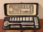 Vintage Sears 12PC 3/8" Drive Metric Socket Set W Green Metal Case Model 43786. Fixed Price $39.95.