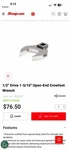 Snap-on 1/2" Drive 1-5/16" Open-end Crowfoot Wrench SC042. Fixed Price $65.00.